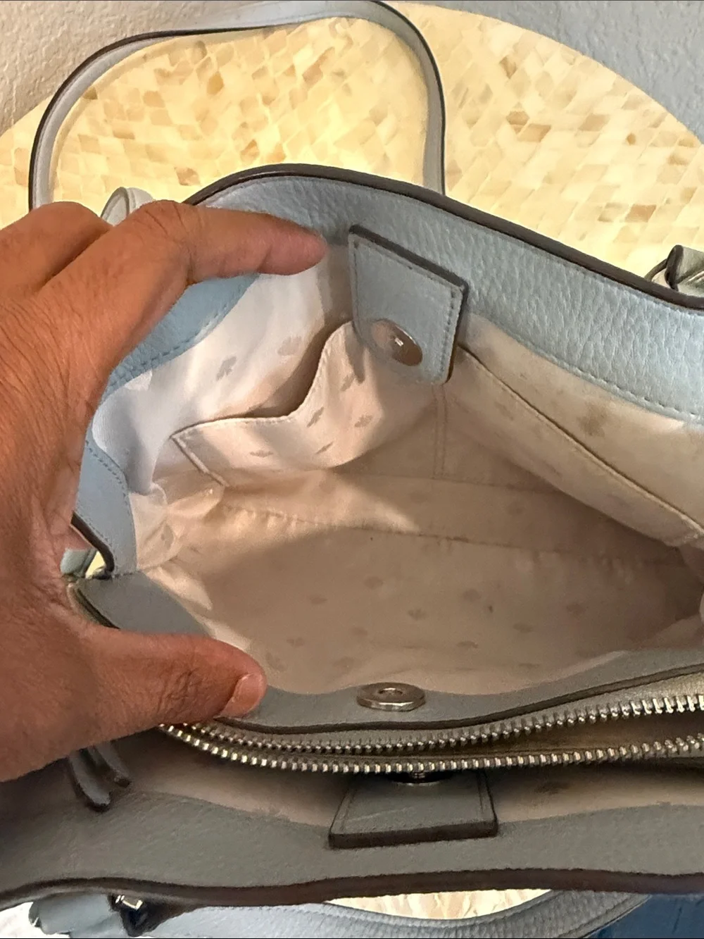 Kate Spade pale blue pebbled leather satchel with charm